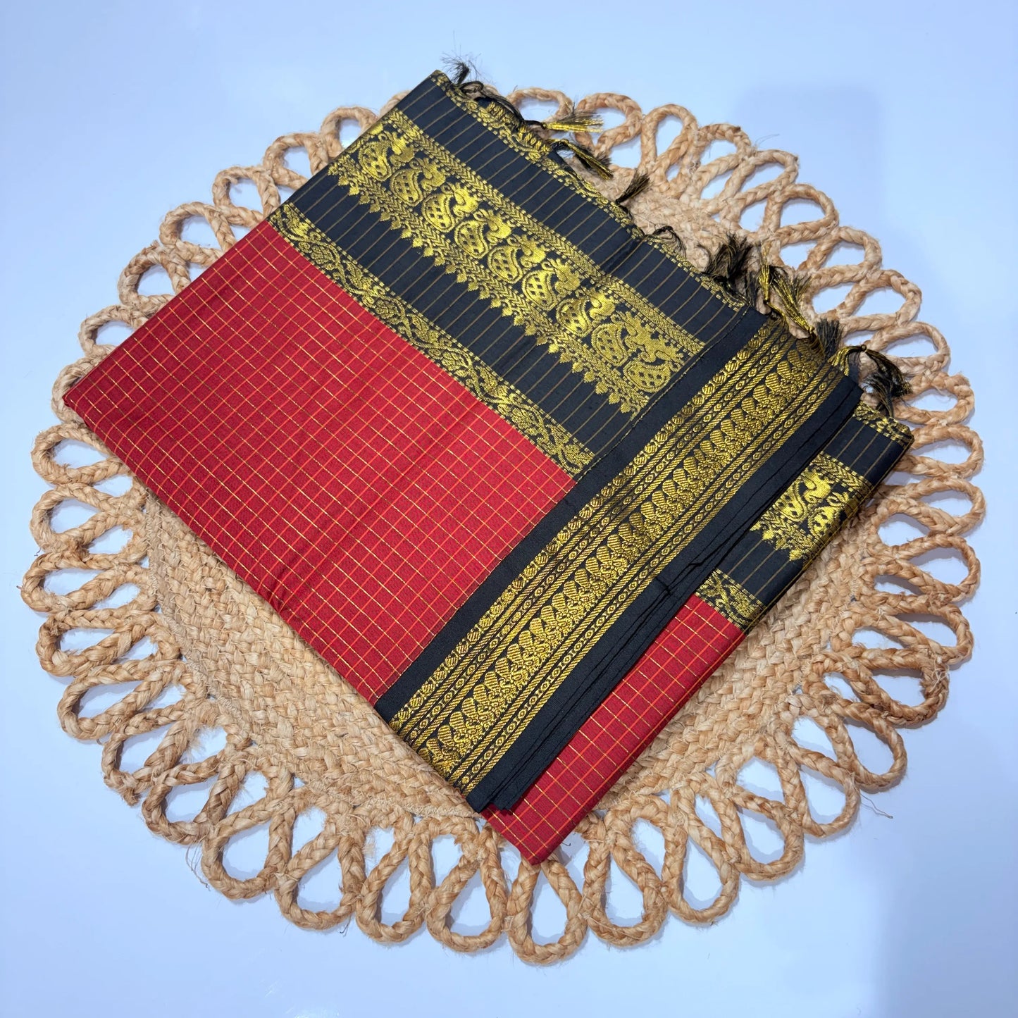 Women's Kalyani Cotton Checked Saree Red with Black Golden Zari Border