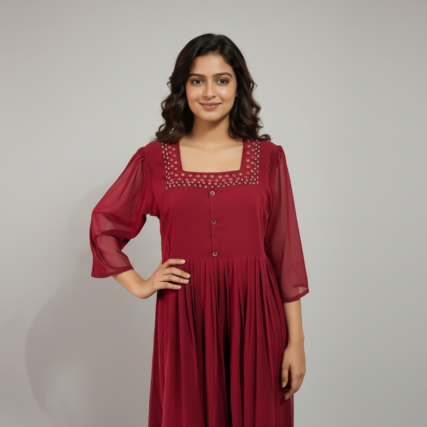 Woman wearing a red dress with a textured neckline against a neutral background