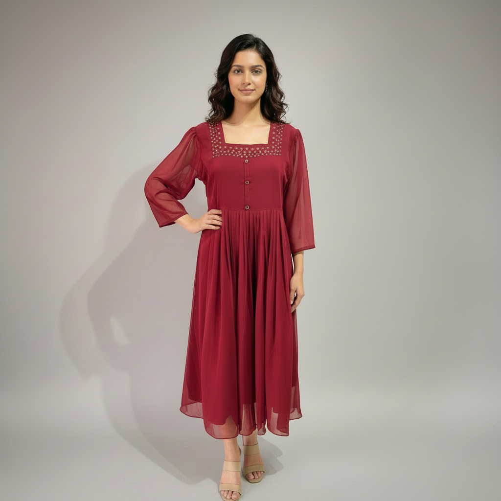 Woman wearing a burgundy dress with lace detailing against a white wall.