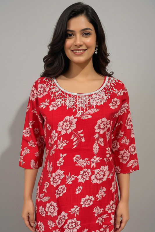 Woman wearing a red dress with white floral patterns against a neutral background