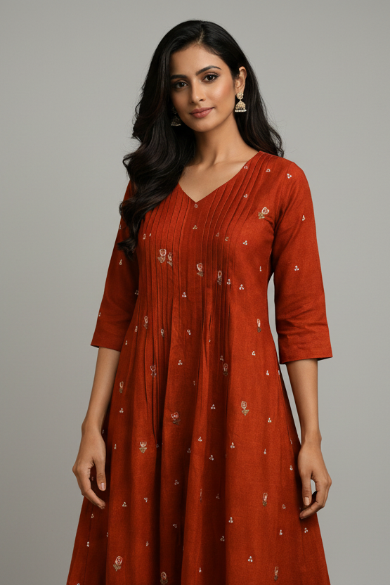 Woman wearing a rust-colored dress with floral patterns