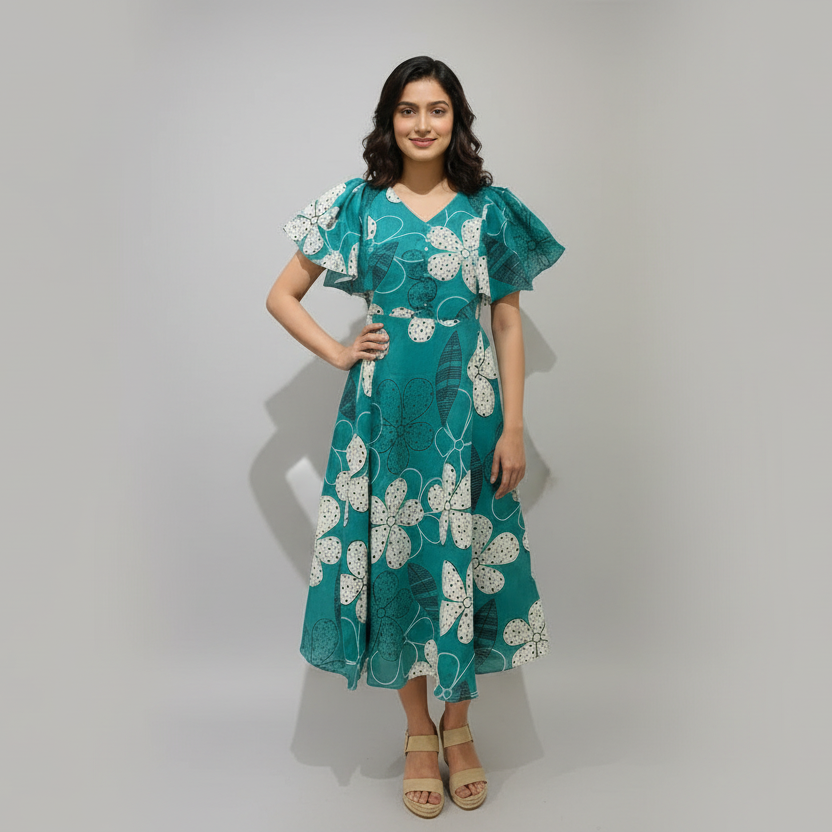 Woman wearing a teal dress with white floral pattern in a clothing store.
