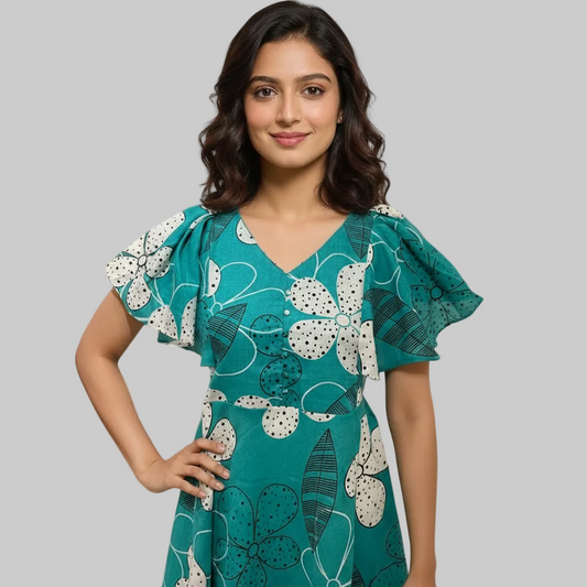 Woman wearing a teal dress with floral patterns against a neutral background