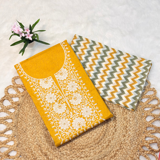 Yellow Neck Floral Embroidery Cotton Suit Set