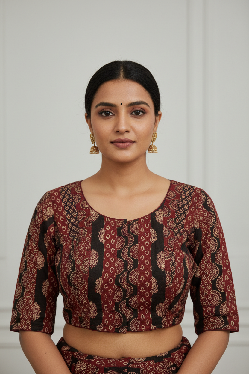 Ajrakh Block Print Blouse - Indian Model Front View