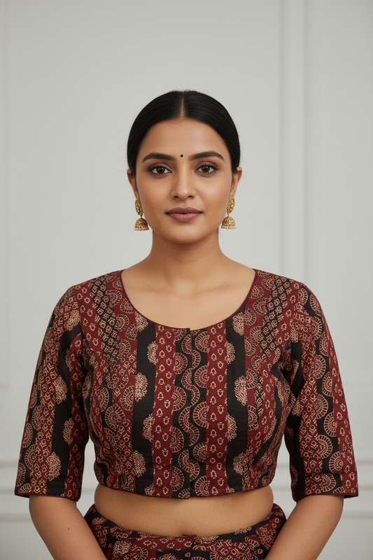 Ajrakh Block Print Blouse - Indian Model Front View