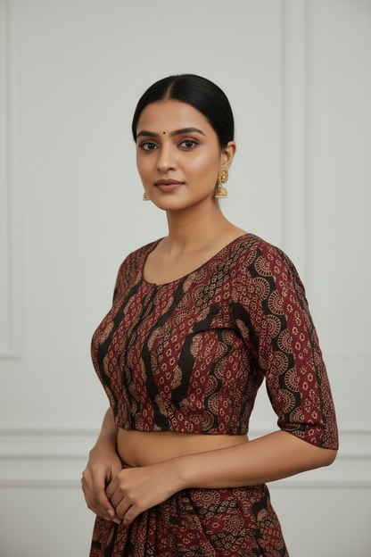 Ajrakh Block Print Blouse - Indian Model Side Pose Elbow Sleeves