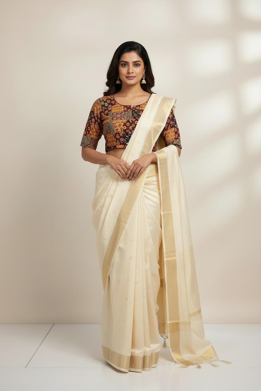 Ajrakh Patchwork Blouse – 8 Inch Sleeves | Indian Model | RAE Trends