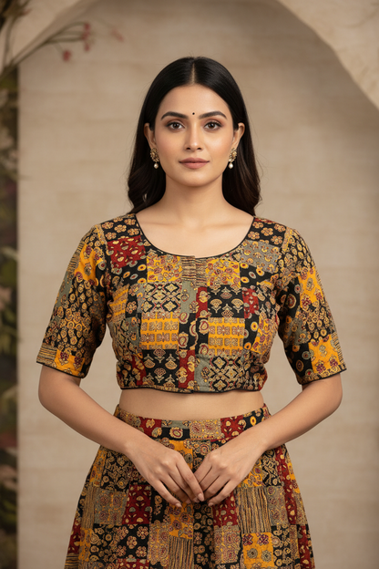 Ajrakh Patchwork Blouse Elbow Sleeves – Indian Model Front | RAE Trends