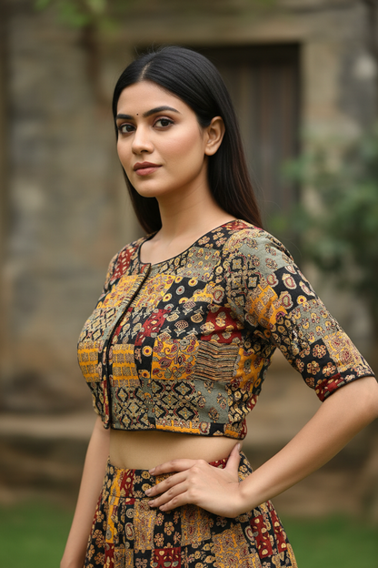 Ajrakh Patchwork Blouse Elbow Sleeves – Indian Model Side | RAE Trends