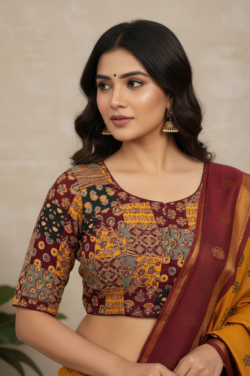 Ajrakh Patchwork Blouse – Indian Model Side Pose | RAE Trends Ethnic Wear