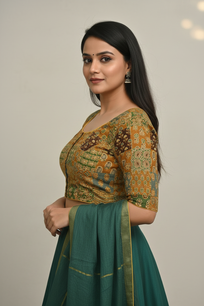 Ajrakh Patchwork Blouse – Side Pose with Front Hook Visible | RAE Trends