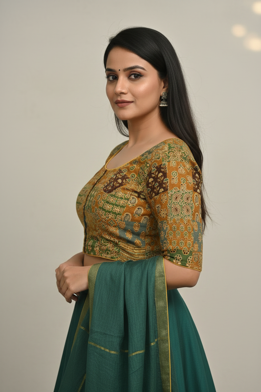Ajrakh Patchwork Blouse – Side Pose with Front Hook Visible | RAE Trends
