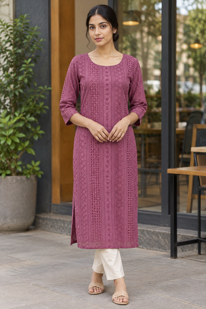 Angled view of mauve kurti by a café