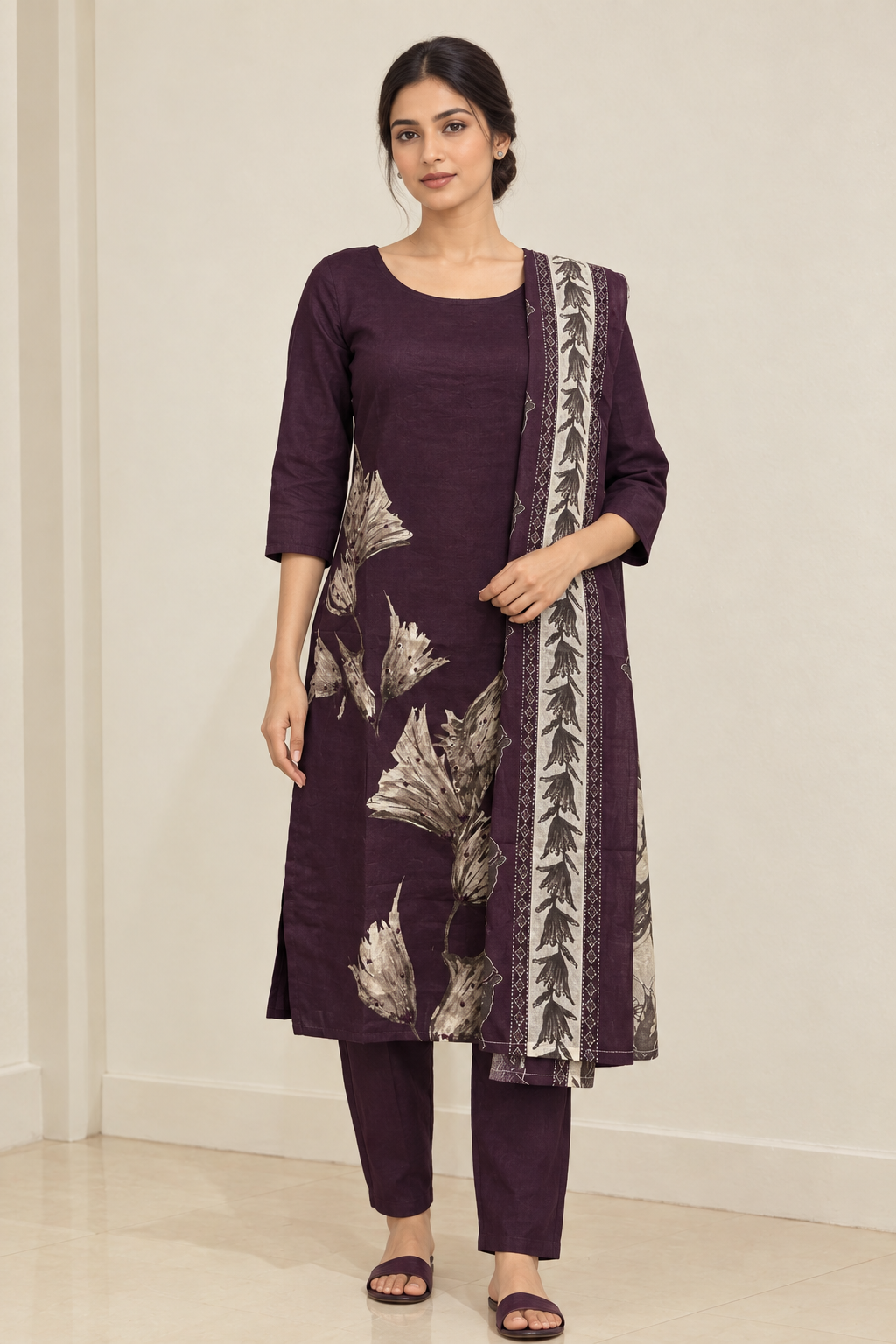Angled view of plum leaf-print kurta set