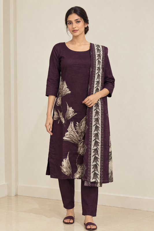 Angled view of plum leaf-print kurta set
