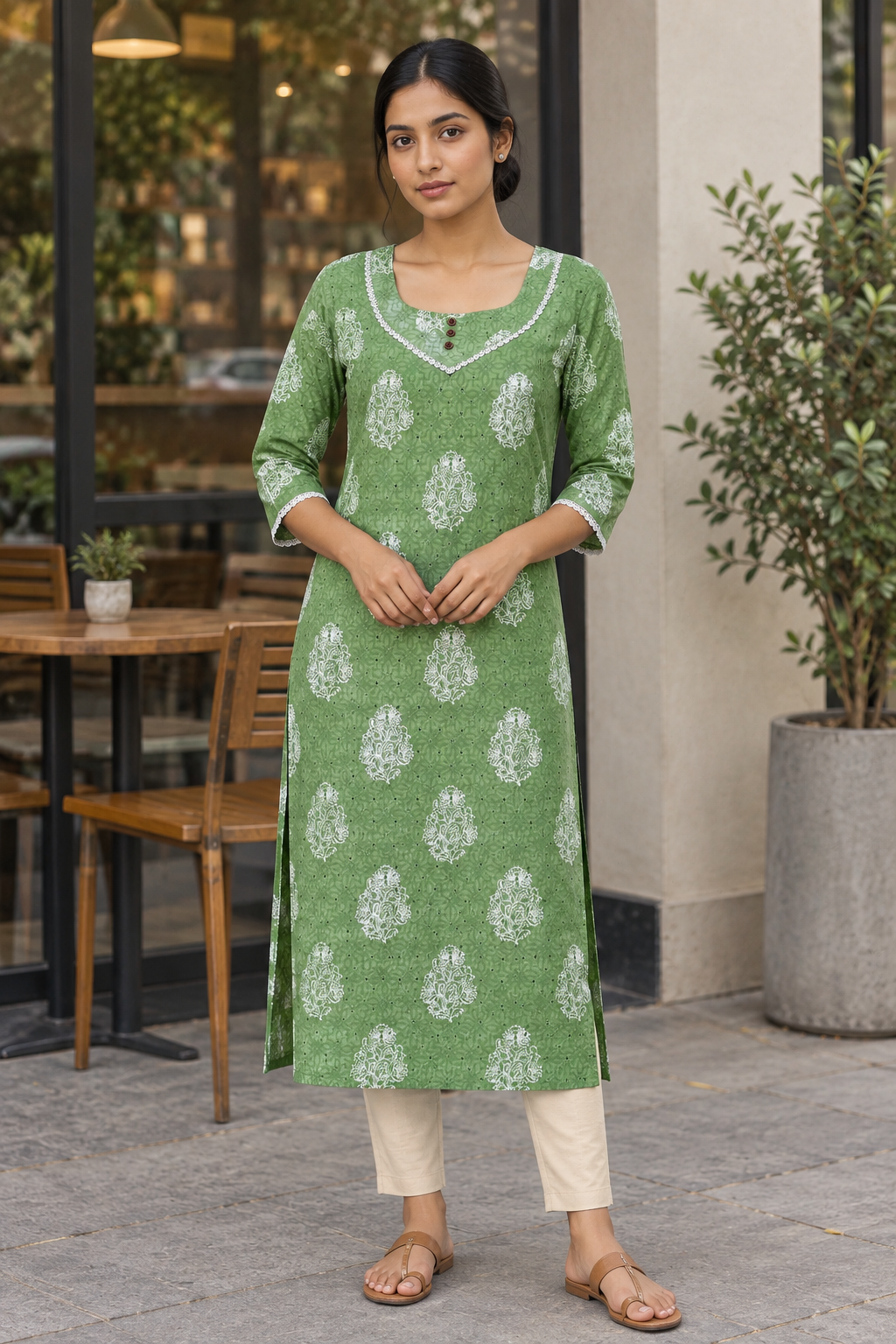 Angled view of sage-green printed kurta outside a café