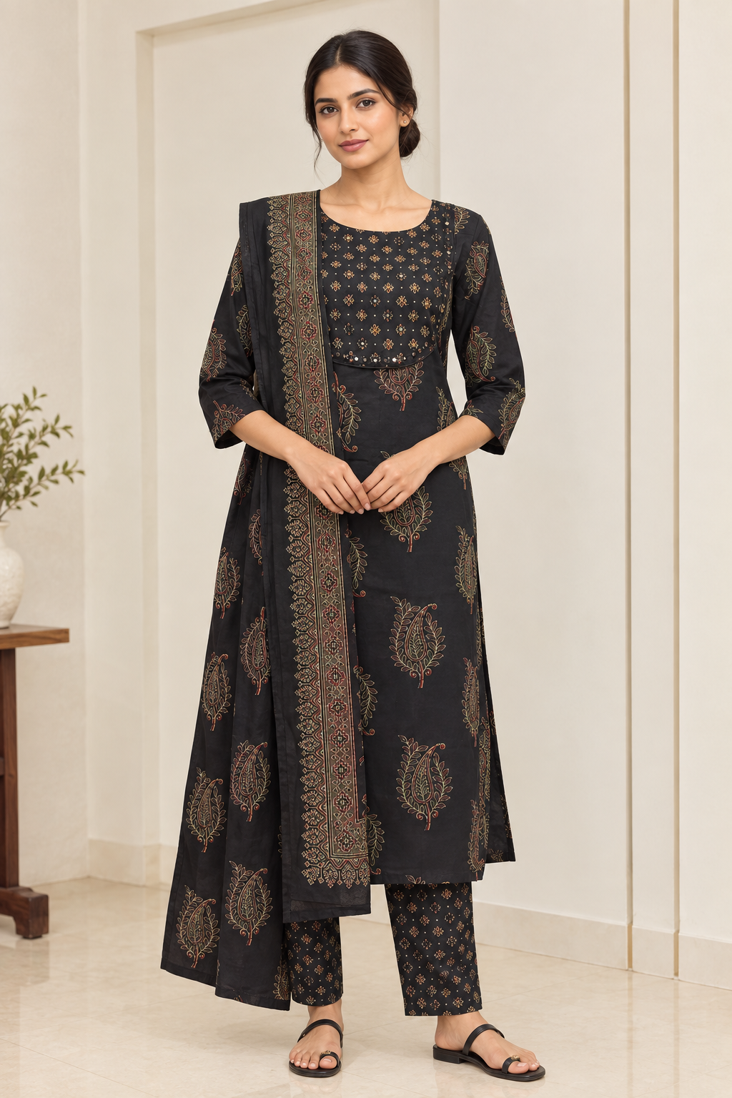 Angled view of the outfit on an Indian model