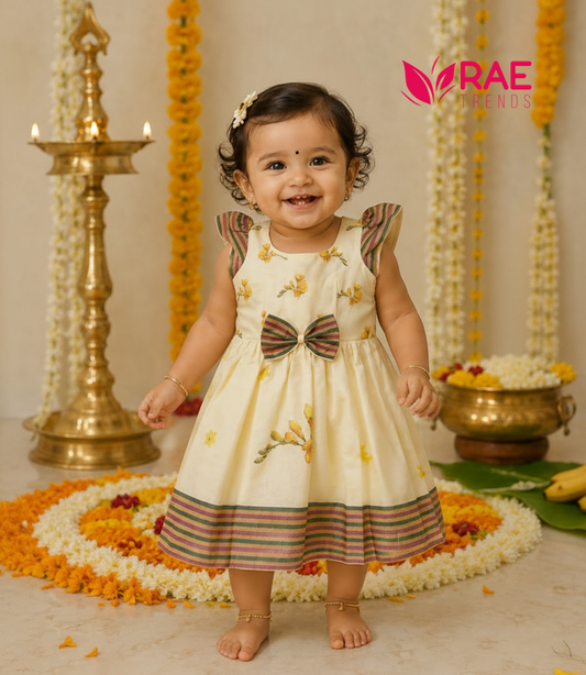 Baby Girls Off White Cotton Kasavu Frock – Floral Print Festive Dress