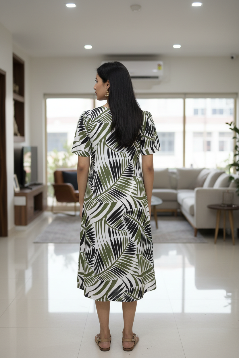 Olive green black leaf print cotton kurti back view – A-line silhouette midi length Indian ethnic wear