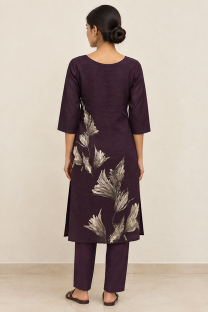 Back view of plum leaf-print kurta set