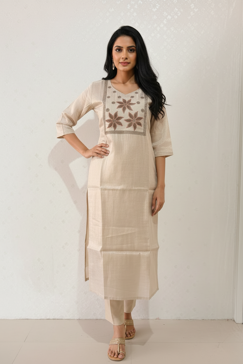 Beige Star Embroidered Kurti - Front Pose