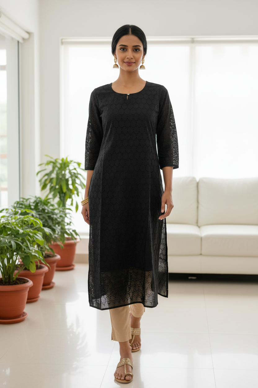 Black Cotton Hakoba Kurta Nude Pants Candid Lifestyle Walking