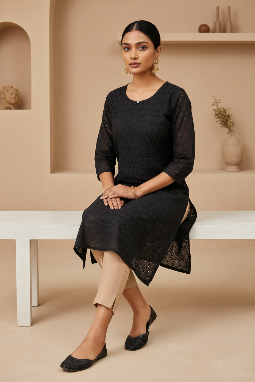 Black Cotton Hakoba Kurta Nude Pants Seated Pose Sleeve Detail