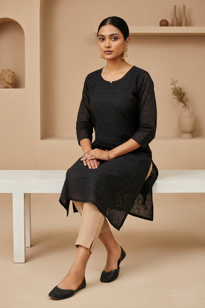 Black Cotton Hakoba Kurta Nude Pants Seated Pose Sleeve Detail