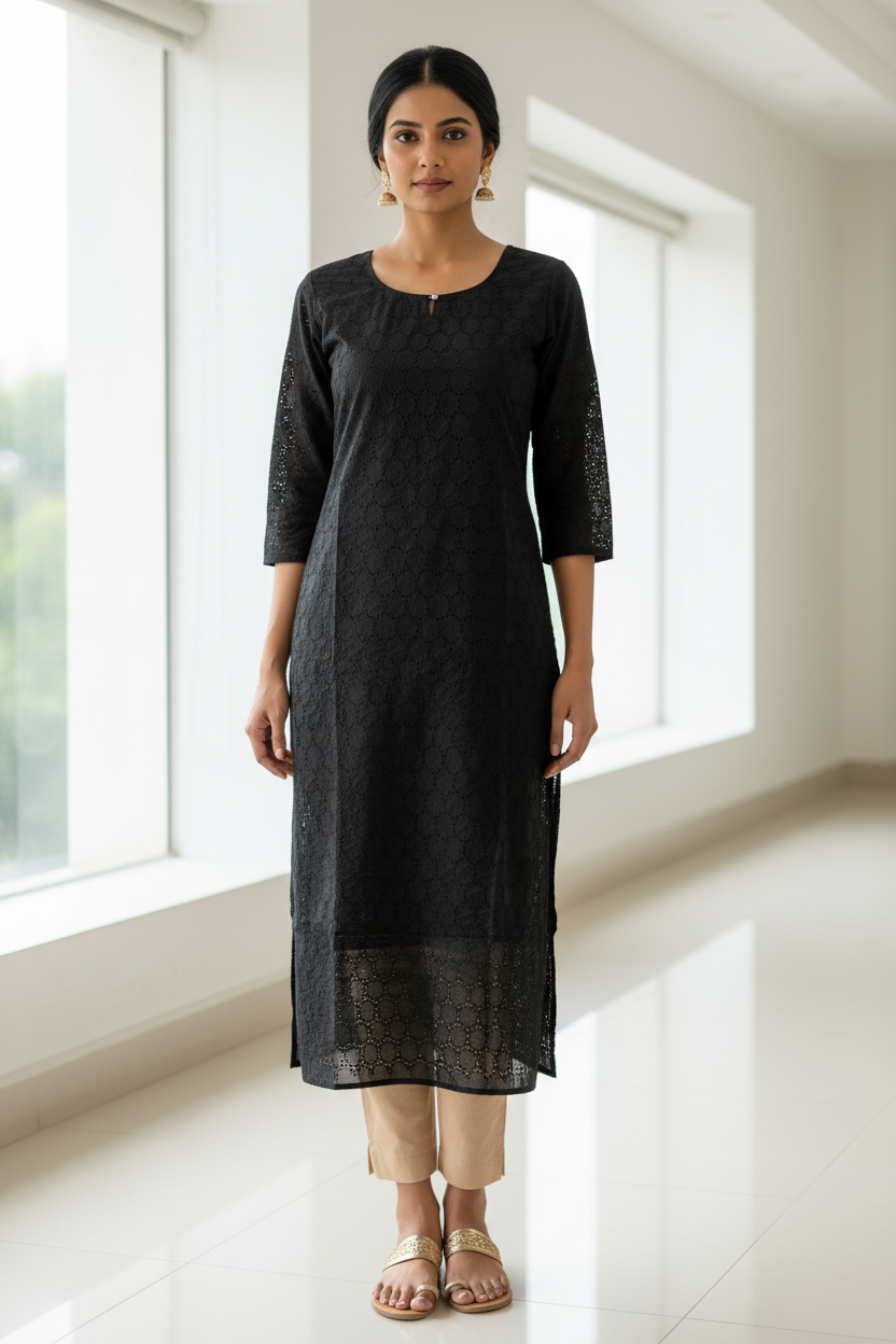 Black Cotton Hakoba Kurta with Skin Tone Pants Indian Model Full Body