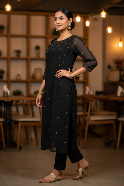 Black Georgette Handwork Kurti – 3/4 Angled Pose | Indian Model | Café Interior