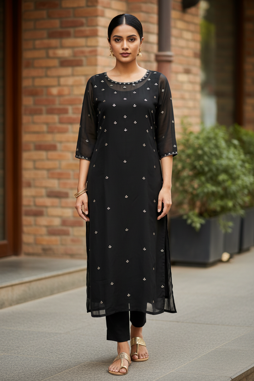 Black Georgette Handwork Kurti Coord Set – Full Length Front Pose | Indian Model | Urban Café Background