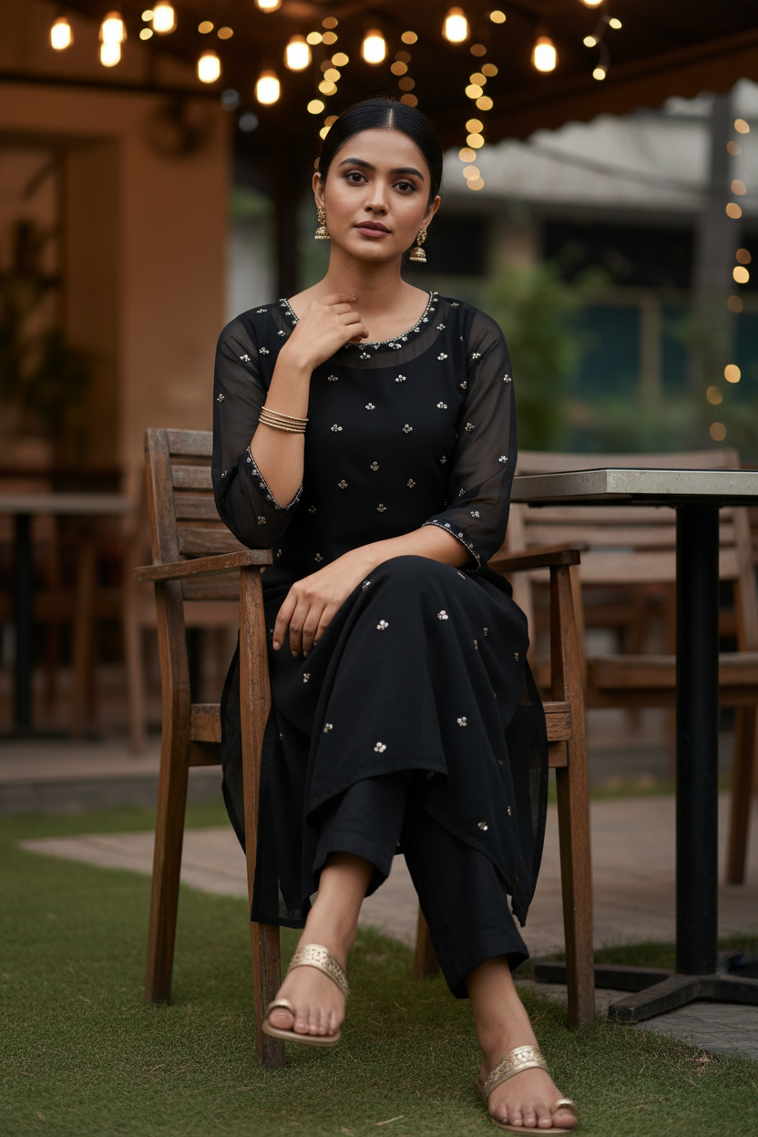 Black Georgette Handwork Kurti – Seated Café Terrace Pose | Indian Model Ethnic Wear