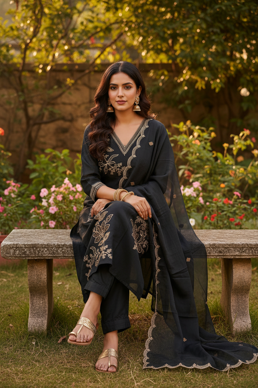 Black Mul Chanderi Zari Embroidered Kurti Salwar Dupatta Set - Indian Model Seated Garden Ethnic Wear Photography