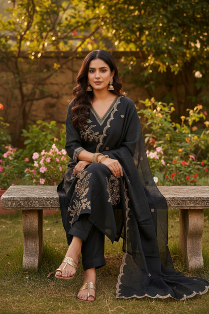 Black Mul Chanderi Zari Embroidered Kurti Salwar Dupatta Set - Indian Model Seated Garden Ethnic Wear Photography