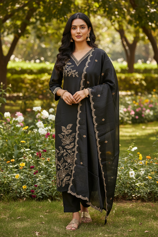 Black Mul Chanderi Zari Embroidered Kurti Salwar Set with Dupatta - Indian Model Full Length Garden Pose