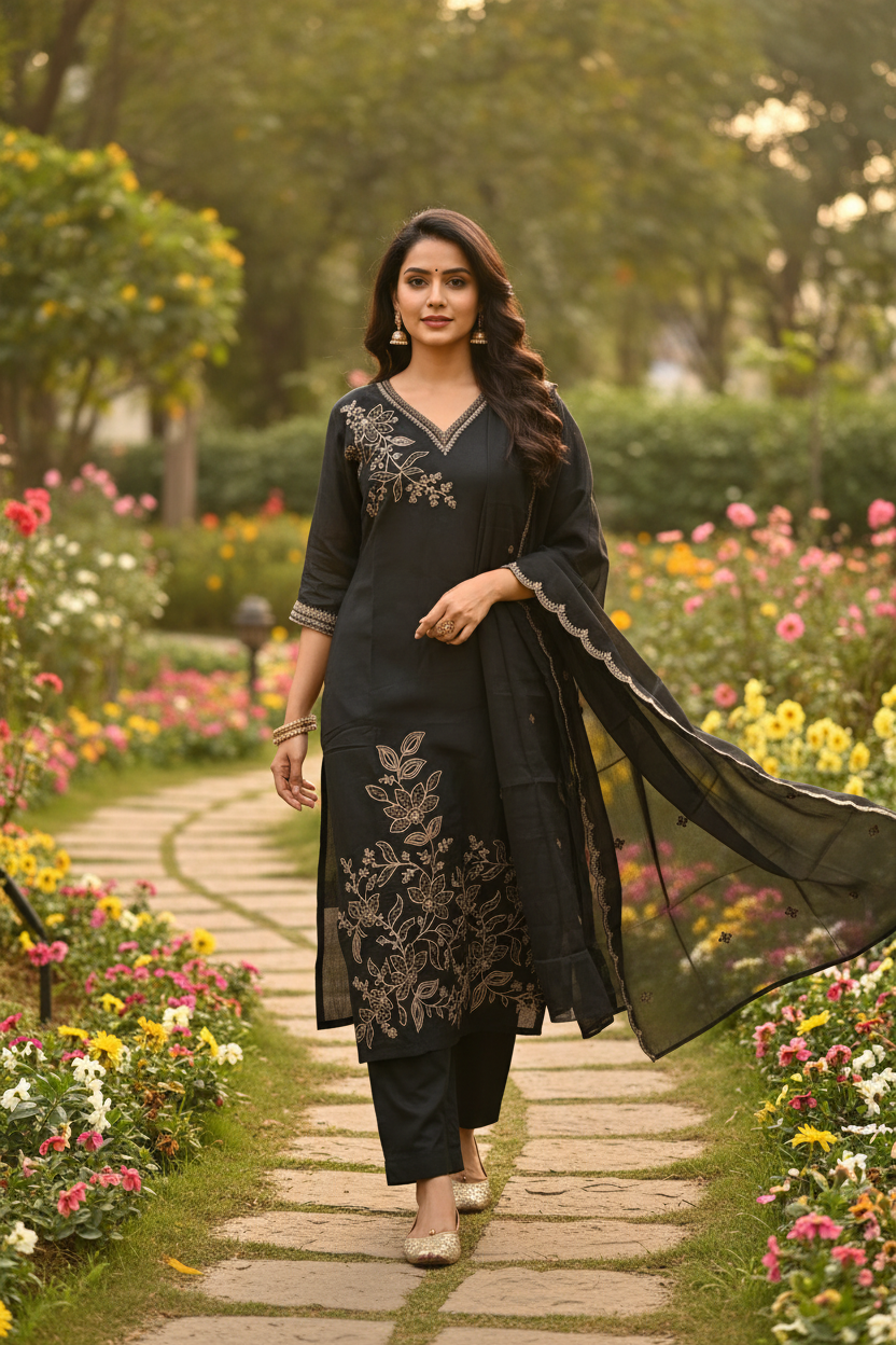 Black Mul Chanderi Zari Embroidered Kurti Set - Indian Model Walking Garden Pose with Kolhapuri Sandals