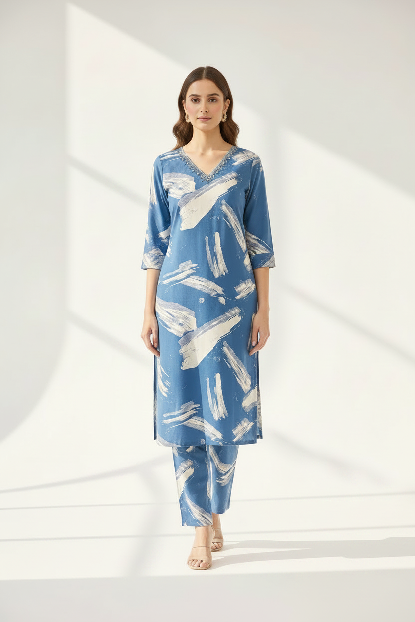 Blue Abstract Brushstroke Rayon Coord Set – Product Image