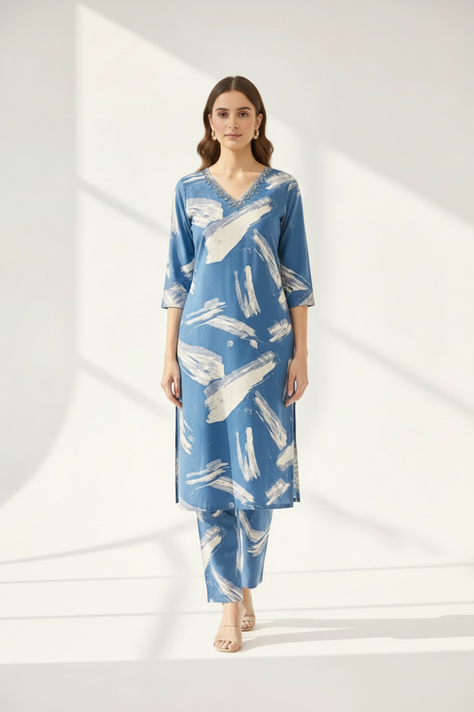 Blue Abstract Brushstroke Rayon Coord Set – Product Image