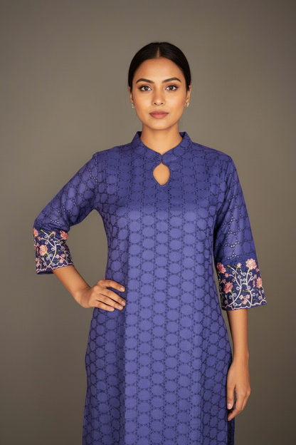 Blue Floral Hakoba Kurti with Indian Model
