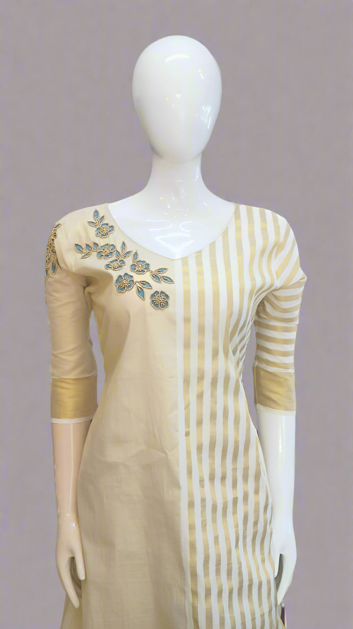 Women's Kerala Traditional Dual Color Handwork Gold Tissue Kurti