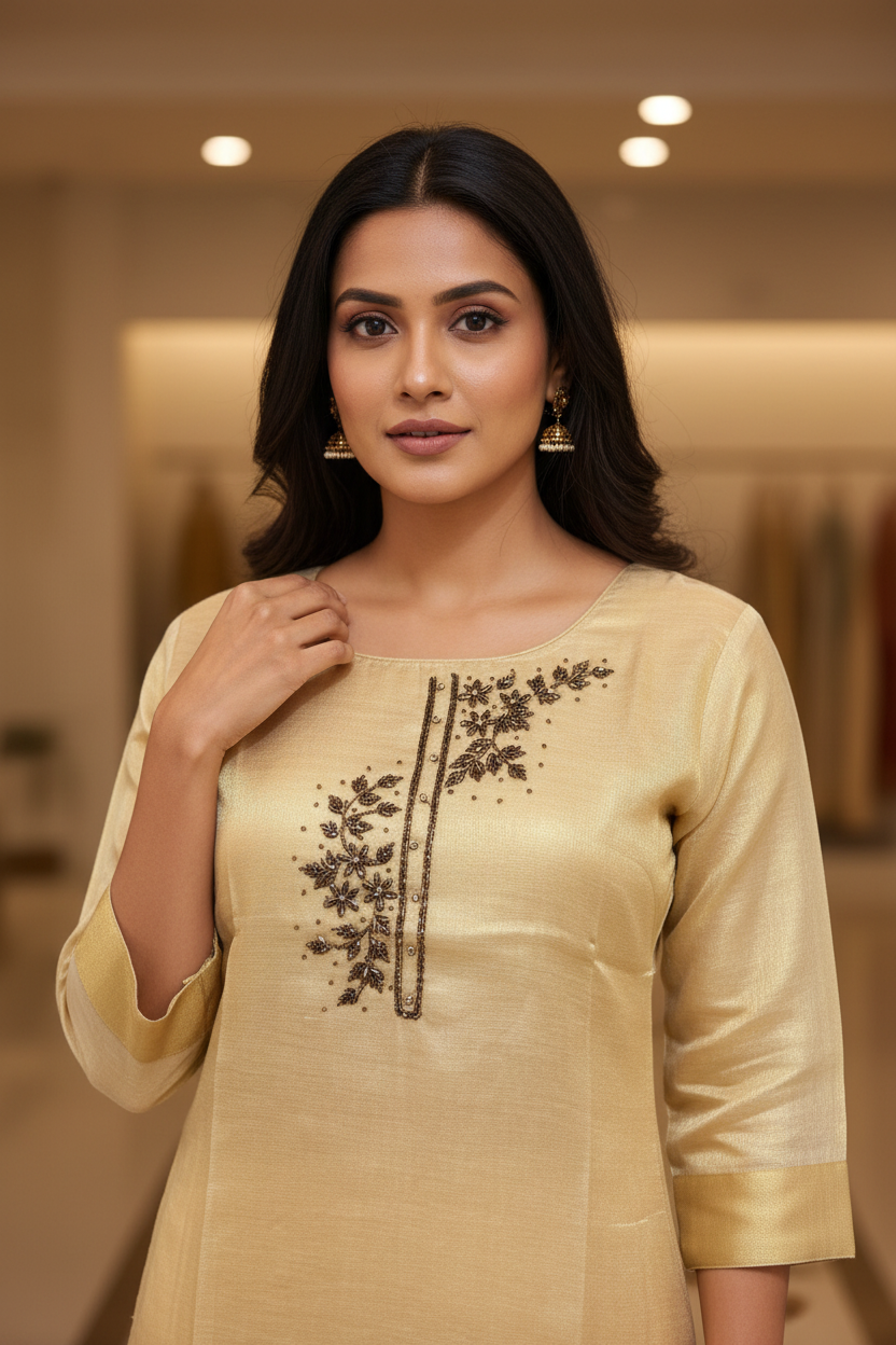 Champagne Silk Bamboo Kurti - Detail Close-up