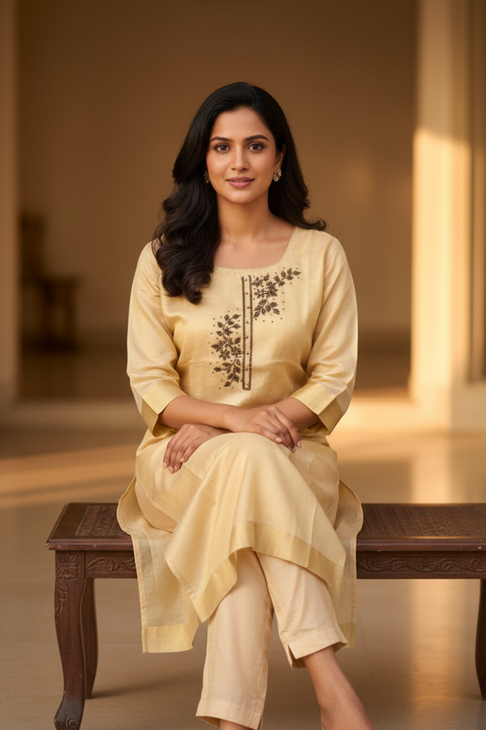 Champagne Silk Bamboo Kurti - Seated Pose