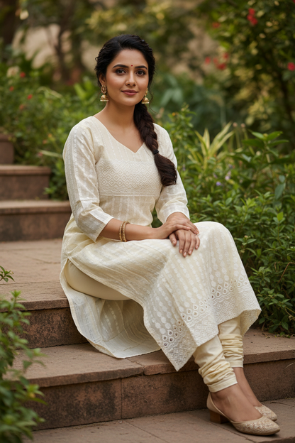 Chikankari Kurti V-Neck – Seated Pose