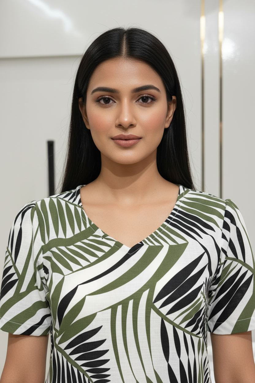 Close-up detail of olive green black tropical leaf print cotton kurti V-neck and puff sleeve design