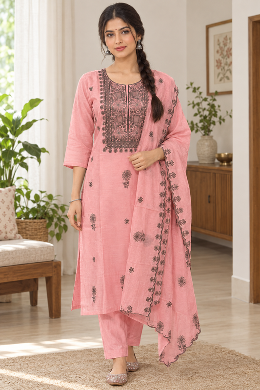 Close-up of dark floral embroidered yoke and scalloped dupatta border