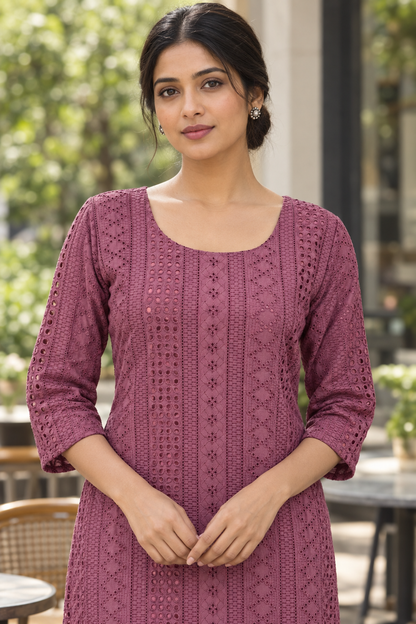 Close-up of mauve kurti front cutwork