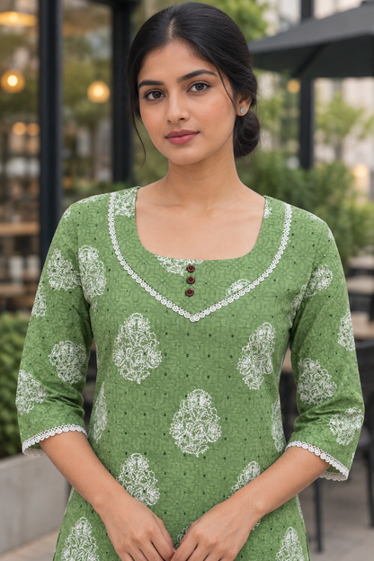 Close-up of sage-green kurta neckline and buttons