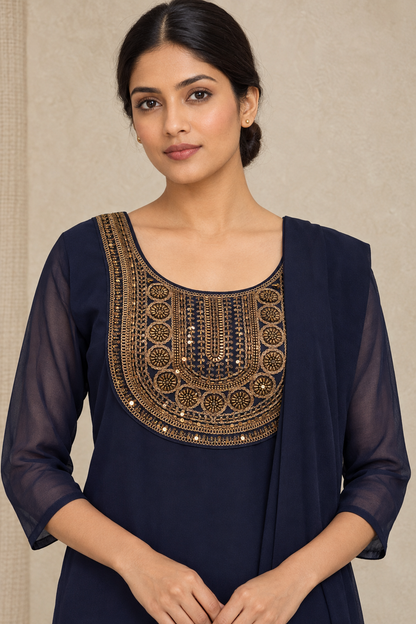 Close-up of the navy kurta's gold-toned decorated yoke