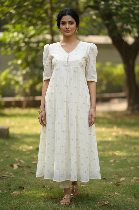 Cream A-Line Kurti Gold Diamond Butti Front Pose Indian Model Garden